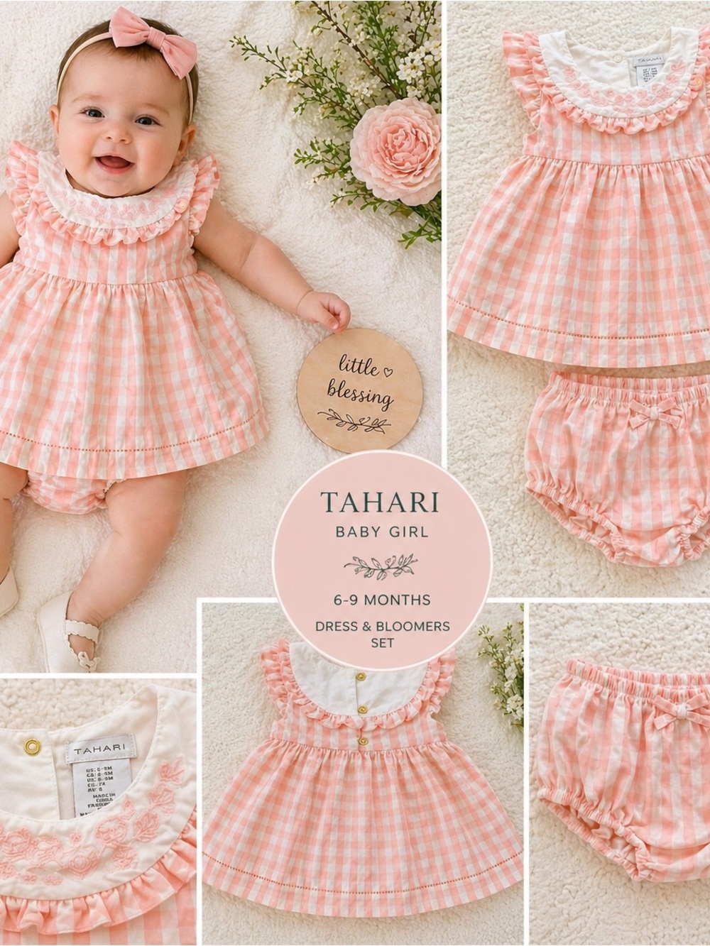 Tahari Baby Girl Pink Gingham Dress with Bloomers Ruffle Collar